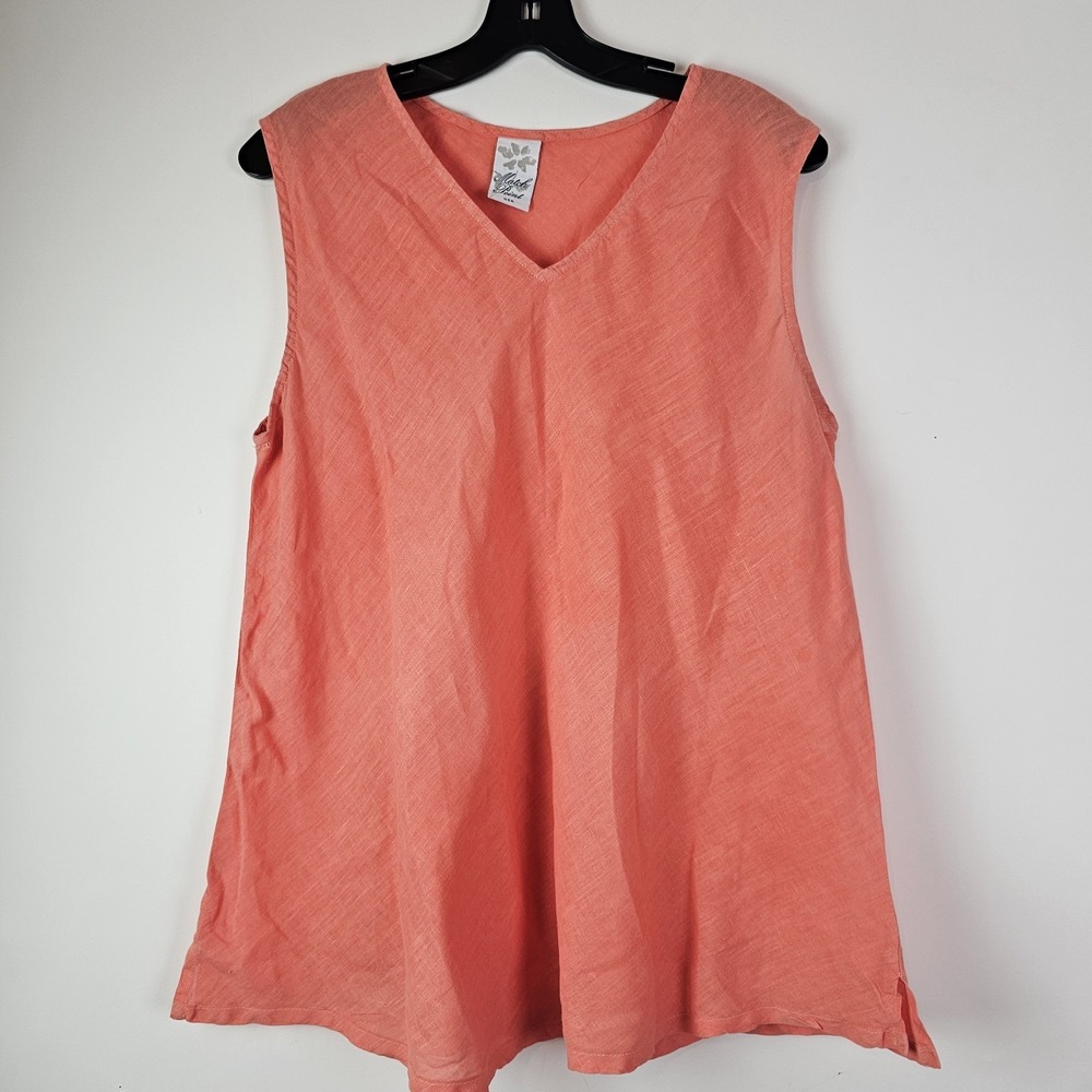 Match Point Top SHIRT Tank Orange 100% Linen Sleeveless Large Vacation Boho